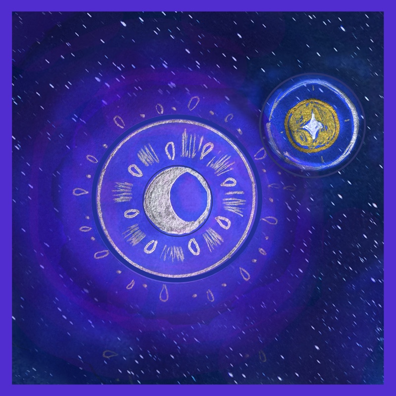 Belle&rsquo;s painting: a silver crescent moon inside hand-drawn rings on a violet and navy starry sky, with a small gold star circle beside it, in a violet frame